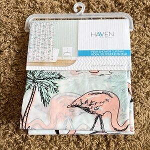 Haven Flamingo and Palm Shower Curtain - Peach and Green
